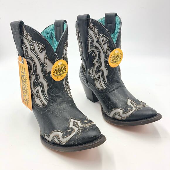Corral Boots Shoes - Corral Womens Inlay & Embroidery & Studs Western Boots Black/White Size 9.5 M